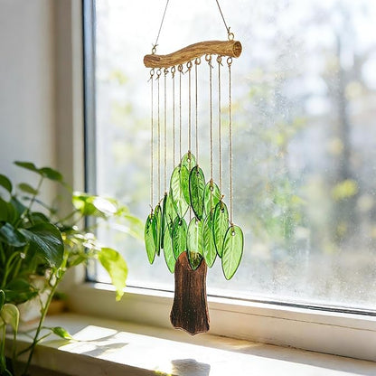 YU FENG Glass Wind Chime, Green Leaf Hanging Decor for Garden & Patio | Handcrafted leaf design, iron wood-look hanging bar, metal chime accents, window hanging ornament, outdoor home decoration