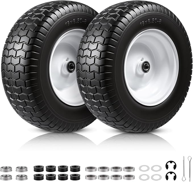 16x6.50-8 Flat Free Lawn Mower Tire and Wheel, 16x6.5-8 Solid Replacement Front Tires for Riding Mowers and Lawn Tractors, with 3/4" Bushings & 5/8" Bearings, 3" Centered Hub, 2 Pack