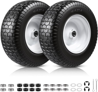 16x6.50-8 Flat Free Lawn Mower Tire and Wheel, 16x6.5-8 Solid Replacement Front Tires for Riding Mowers and Lawn Tractors, with 3/4" Bushings & 5/8" Bearings, 3" Centered Hub, 2 Pack