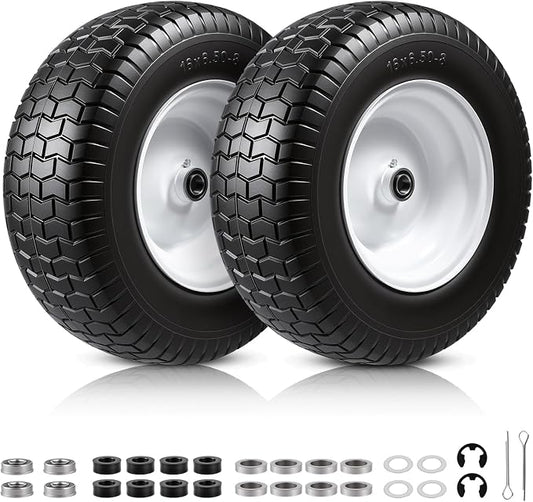 16x6.50-8 Flat Free Lawn Mower Tire and Wheel, 16x6.5-8 Solid Replacement Front Tires for Riding Mowers and Lawn Tractors, with 3/4" Bushings & 5/8" Bearings, 3" Centered Hub, 2 Pack