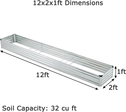 Foxlang 12x2x1ft(2 Pack) Galvanized Raised Garden Bed,Outdoor Planter Box Metal Patio Kit Planting Bed for Vegetables Flowers Herb,Silver