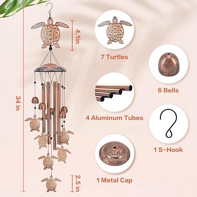Turtle Wind Chimes Outdoor Sea Turtle Gifts for Women/Men/Mom/Grandma/Wife Birthday Gifts Memorial Gift Metal WindChimes for Outside/Indoors, Home, Lawn, Porch, Patio, Garden Decor, Yard Decorations