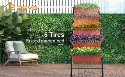 Suyncll 2 Pack Vertical Raised Garden Bed, 5 Tiers Elevated Planter Box with Drainage System and 4 Hooks, 4FT Vertical Planter for Herbs Vegetables Flowers, Dark Red