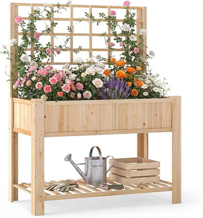 Giantex Raised Garden Bed with Trellis, Wooden Elevated Planter Box with Legs, Drainage Holes for Climbing Plants Vines Vegetables Flowers Herbs, Outdoor Horticulture Planter for Patio Backyard