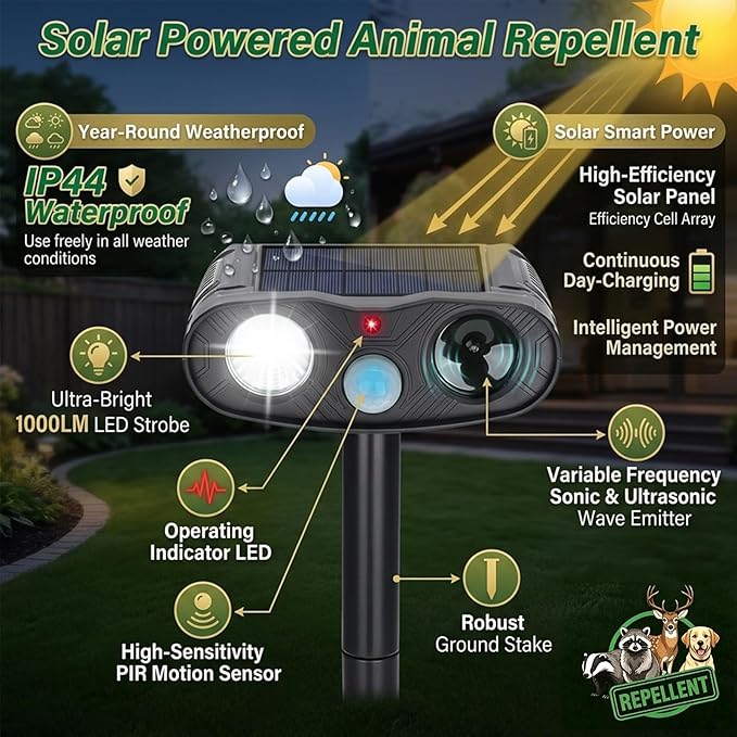 4Pack Sonic Fortress Pro Deer Repellent Devicess,Solar Animal Repeller | Ultrasonic Cat Repellent Outdoor with Motion Detection, Deer Repellent Devices with LED Flash Lights