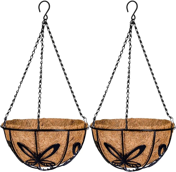 Kingbuy Metal Hanging Planter Basket with Coconut Fiber Liner Chain Wire Plant Holder 10 Inch Flower Pot for Indoor Outdoor Decor, Butterfly Pattern, 2 Pack