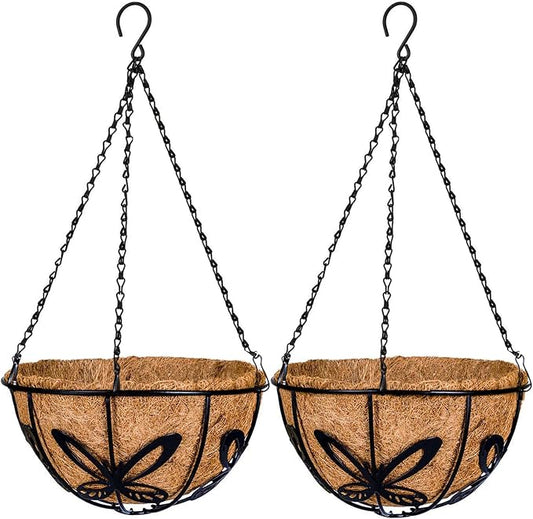 Kingbuy Metal Hanging Planter Basket with Coconut Fiber Liner Chain Wire Plant Holder 10 Inch Flower Pot for Indoor Outdoor Decor, Butterfly Pattern, 2 Pack
