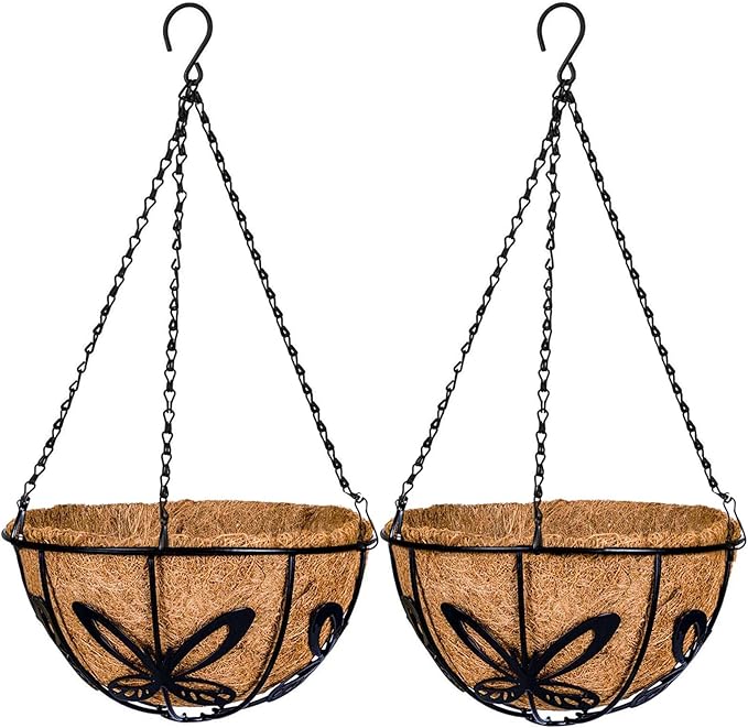 Kingbuy Metal Hanging Basket for Plant Planter with Coconut Fiber Liner Chain Wire Holder 12 Inch Flower Pot Indoor Outdoor Patio Lawn Garden Decor, Butterfly Pattern, 2 Pack