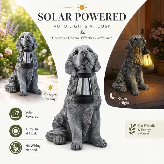 12.2 Inch Large Solar Dog Garden Statue with Lantern, Waterproof Resin Outdoor Puppy Figurine Light for Patio Yard Lawn Pathway Porch, Decorative Solar Lights Gift for Dog Lovers