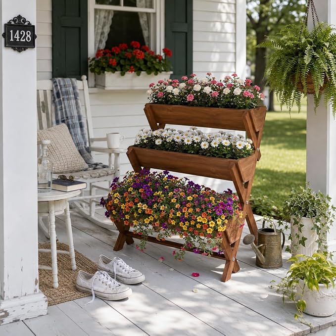 3 Tier Vertical Garden Planter,Raised Garden Bed,Planter Box,Fir Wood Freestanding Elevated Herb Stand Tower,Flower Strawberry Vegetable with Drain Holes,35x22x36 Inches, for Outdoor,Brown