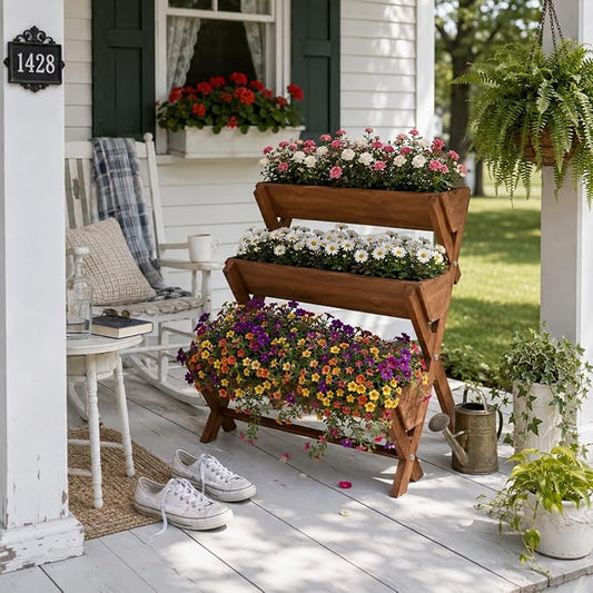 3 Tier Vertical Garden Planter,Raised Garden Bed,Planter Box,Fir Wood Freestanding Elevated Herb Stand Tower,Flower Strawberry Vegetable with Drain Holes,35x22x36 Inches, for Outdoor,Brown