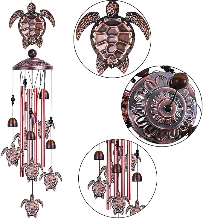 Sea Turtle Wind Chimes Outdoor Indoor Decor - With 4 Tubes 6 Bells 7 Turtles 37In Waterproof Suspension Mobile Tortoise Wind Chimes for Home, Xmas Mom Gifts, Balcony, Festival, Tree, Garden Decoration