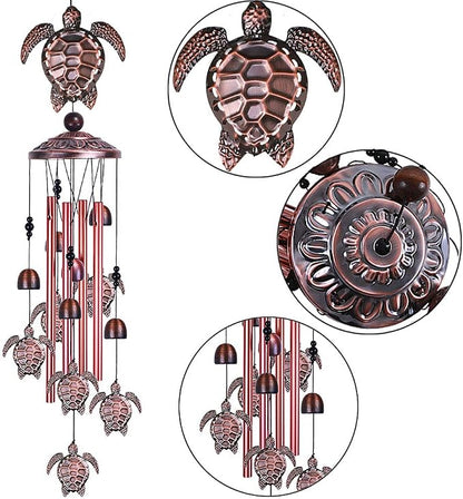 Sea Turtle Wind Chimes Outdoor Indoor Decor - With 4 Tubes 6 Bells 7 Turtles 37In Waterproof Suspension Mobile Tortoise Wind Chimes for Home, Xmas Mom Gifts, Balcony, Festival, Tree, Garden Decoration
