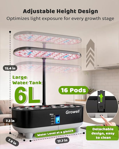 Growell Hydroponics Growing System Kit, 16 Pods, Vertical 8L Indoor Gardening System for Herb Vegetable Fruit, Hydro Garden with LED Grow Light, Smart Water Circulation, 3 Light Modes & 2 Timer, Black