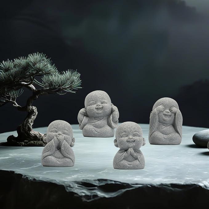 4Pcs Mini Monk Buddha Statues, See Hear Speak Think No Evil Mini Monk Decor, Handcrafted Sandstone Resin Zen Statues for Home Office Desk Car Dashboard, Feng Shui Spiritual Gifts for Peace & Calm