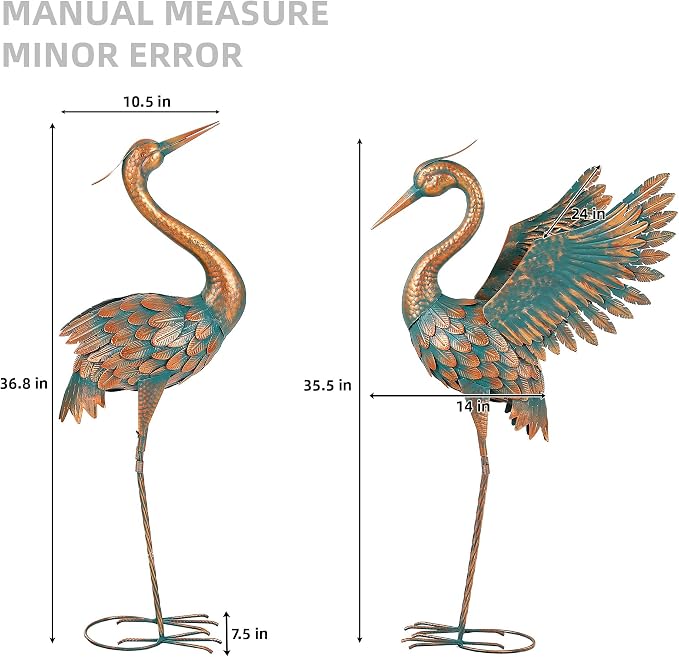 36.8" Metal Crane Garden Statue, Extra-Large Heron Yard Art | Handcrafted Blue Heron with U-ground Stakes for Stability. Weatherproof Iron Bird Art for Backyard, Lawn, Pond, or Patio.