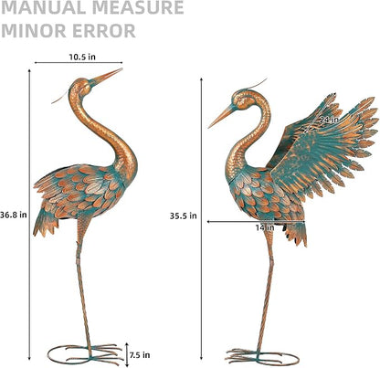 36.8" Metal Crane Garden Statue, Extra-Large Heron Yard Art | Handcrafted Blue Heron with U-ground Stakes for Stability. Weatherproof Iron Bird Art for Backyard, Lawn, Pond, or Patio.