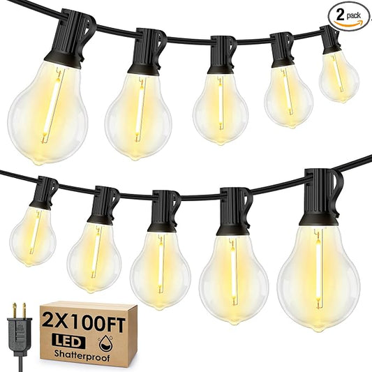 Larkvue 200FT(2x100FT) Outdoor String Lights, LED Patio Lights with 63 Waterproof Shatterproof A39 Dimmable Bulbs(3 Spare) for Balcony-2 Pack Black