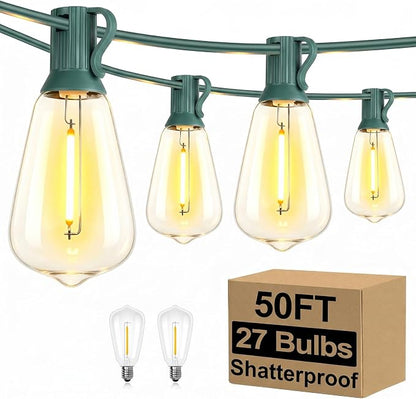 Brightever 50FT Outdoor String Lights Waterproof, 2700K Bright LED Patio Lights with 27 ST38 Shatterproof Vintage Bulbs, Retro Edison String Lights for Outside, Garden, Christmas Decor, Green Wire