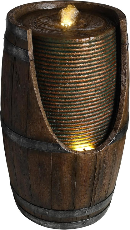 Outdoor Barrel Water Fountain with LED Lights, Rustic Wood Look Resin Waterfall Feature, Freestanding Garden Decor for Patio Yard Porch Deck Farmhouse Landscaping