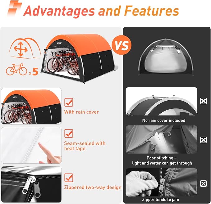Upgraded Bike Tent with Rain Cover, Portable Outdoor Storage Shed for 8-10 Bikes, 210D Oxford Fabric PU4000 Waterproof, Bike Shed/Bike Cover for Motorcycles, Garden Tools, Lawn Mower