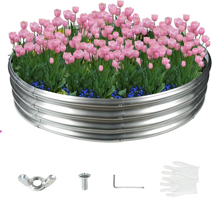 12 Inch Tall 60 Inch Diameter Round Silver Raised Garden Bed Kits Outdoor | 1 FT Tall,5 FT Planter Bed for Flowers,Herbs,Vegetables,Trees,0.8MM Thick Galvanized Metal Painted,with Gloves,Tool free