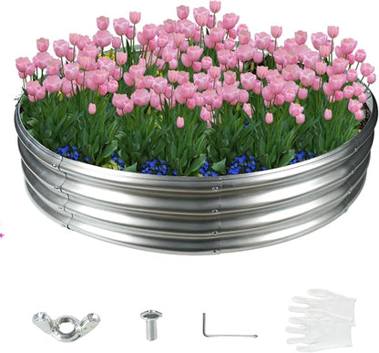 12 Inch Tall 60 Inch Diameter Round Silver Raised Garden Bed Kits Outdoor | 1 FT Tall,5 FT Planter Bed for Flowers,Herbs,Vegetables,Trees,0.8MM Thick Galvanized Metal Painted,with Gloves,Tool free