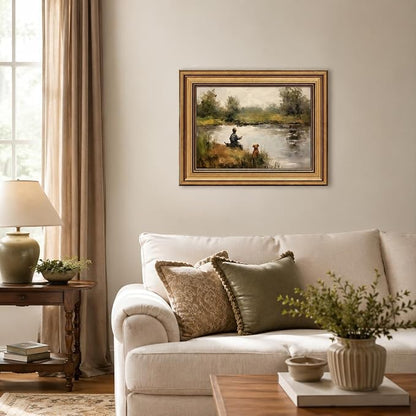 Devunaty Gold Framed Vintage Wall Art Boy Fishing Wall Decor Paintings Funny Dog and Boy Landscape Canvas Print Picture Retro Country Farmhouse Artwork for Kids Bedroom Living Room Decor 9"x11"