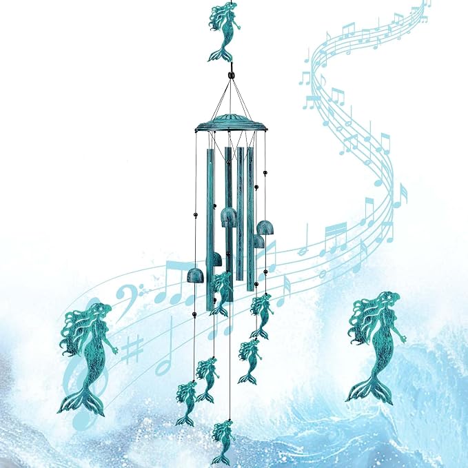 Mermaid Wind Chimes for Outside/Indoors, Mermaid Gifts for Women Mom Grandma, Aluminum Tubes Windchimes S Hook, 37" Wind Chime Hanging Decor for Home Patio Garden Porch Yard (Blue-Mermaid)