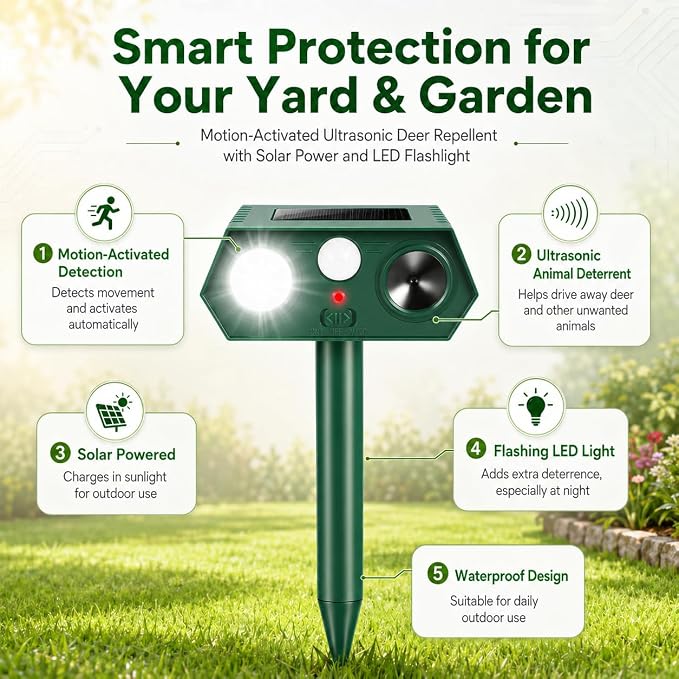2026 Sonic Fortress Pro Deer Repellent Device,4Pack Solar Ultrasonic Animal Repellent with Motion Sensor&Flash Light for Squirrel Raccoon Rabbit Repellent for Flower Bed,Plants,Vegetables Yard(4 Pack)