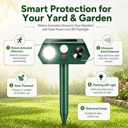 2026 Sonic Fortress Pro Deer Repellent Device,4Pack Solar Ultrasonic Animal Repellent with Motion Sensor&Flash Light for Squirrel Raccoon Rabbit Repellent for Flower Bed,Plants,Vegetables Yard(4 Pack)