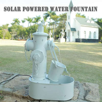 Metal Fire Hydrant Solar Water Fountain with Backup Battery | water fountain outdoor,Solar Fountain Bird Bath for Garden, Patio & Yard Decor,Working at Night for at Least 6 Hours (White)