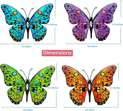 4 Pack Metal Butterfly Wall Decor Yard Art, 9.6" 3D Butterflies Outdoor Fence Decor Hanging Decorations for Garden Patio Balcony Front Porch Living Room Home Vibrant Colored Bohemian Geometric