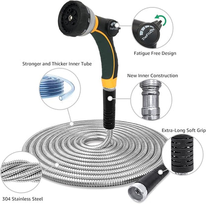 TheFitLife Flexible Metal Garden Hose - Upgrade Leak and Fray Resistant Design, Stainless Steel Water Hose with Solid Fittings and Sprayer Nozzle, Lightweight Kink Free Durable Easy Storage (75 FT)