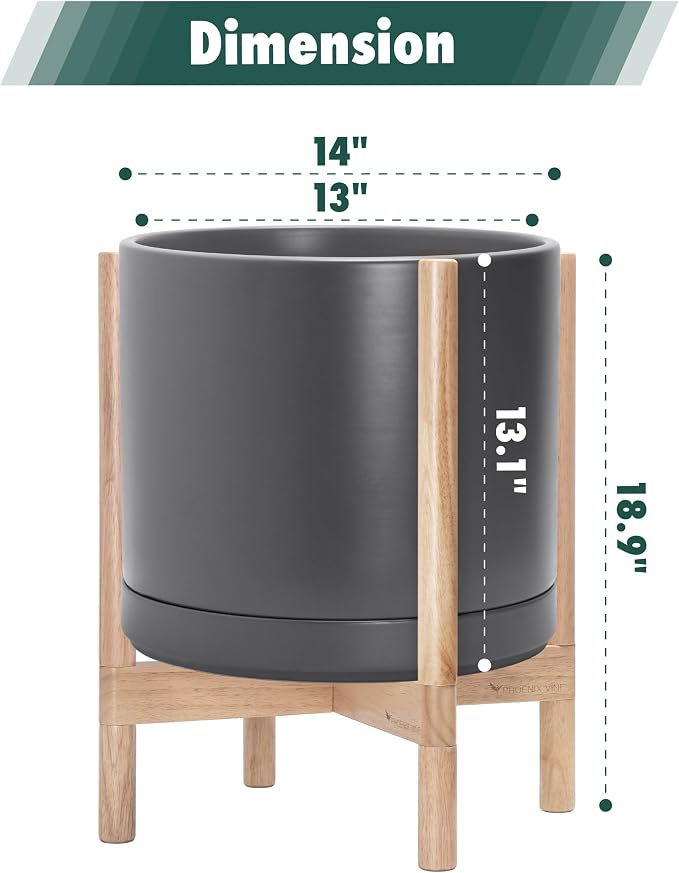 D'vine Dev Ceramic Planter with Natural Stand - 14 Inch Modern Round Flower Pot with Wood Planter Holder, Grey, 55-B-R-3
