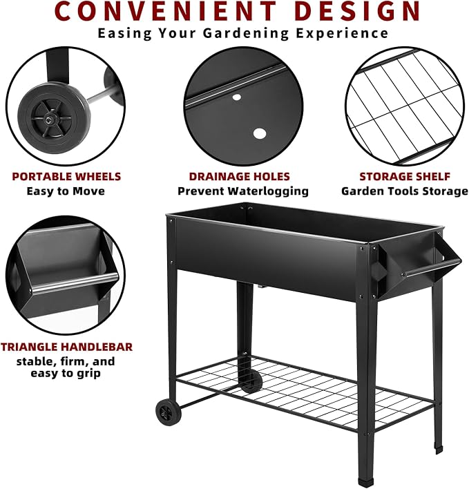 DNKMOR 32" Tall Raised Garden Bed Outdoor with Wheels & Storage Shelf or Mobility,Mobile Anti-Rust Steel Planters for Outdoor Plants,Planter Box for Vegetables/Flower/Herbs,Patio-Balcony-Backyard