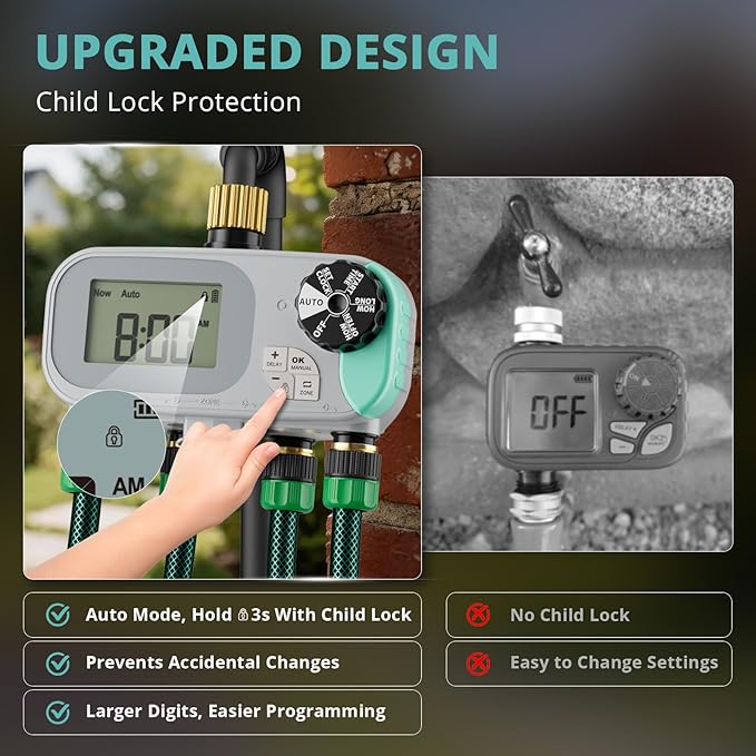 QUOBAS Sprinkler Timer for Garden Hose with Child Lock, Programmable Brass Digital Water Timer 4 Zone for Drip Irrigation, Pool, with Rain Delay/Auto/Manual, Waterproof Screen & Battery Powered