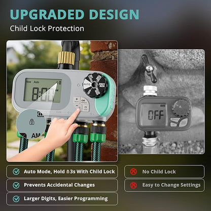 QUOBAS Sprinkler Timer for Garden Hose with Child Lock, Programmable Brass Digital Water Timer 4 Zone for Drip Irrigation, Pool, with Rain Delay/Auto/Manual, Waterproof Screen & Battery Powered
