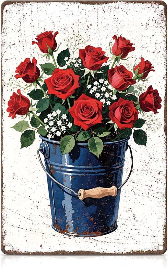 Red Rose Bouquet Metal Tin, Garden Sign | Vintage Garden Wall Art for Home Porch Garden Yard Indoor Outdoor Wall Decor,Gardening Gifts for Red Rose Lovers