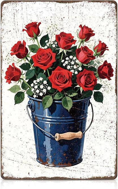 Red Rose Bouquet Metal Tin, Garden Sign | Vintage Garden Wall Art for Home Porch Garden Yard Indoor Outdoor Wall Decor,Gardening Gifts for Red Rose Lovers
