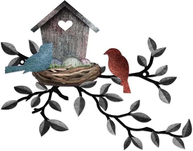 COLOR VALLEY ART-Metal Bird Wall Art Birds on The Branch Wall Decor Leaves with Birds Sculpture Bird Silhouette Metal Ornament Branch Wall Hanging Sign for Balcony Garden Decor (Dark Grey-16.5''x13'')