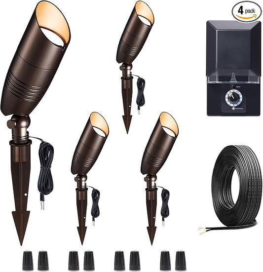 Low Voltage Landscape Lighting Kit, 4 Pack 3000K/4000K/5000K Adjustable Spotlights and 100W Transformer and 100FT Cable and 20 Wire Connectors, Aluminum ORB Waterproof Uplight for Tree Yard