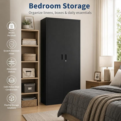 71" Black Metal Storage Cabinet with Lock & Adjustable Shelves - Heavy Duty Garage, Pantry & Office Cabinet with Adjustable Feet, 4 Shelves & Doors for Home Organization