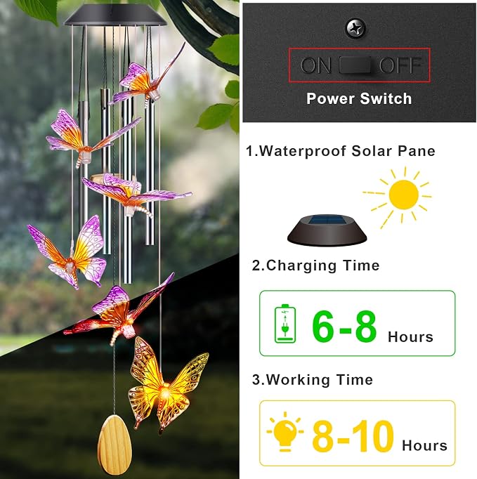 DesGully Wind Chimes, Butterfly Solar Wind Chimes with Aluminum Tubes/Wind Chimes for Outside Color Changing (Gifts for mom/Gift for Grandmom/Gift for Women) Thanksgiving Gift Butterfly Gift