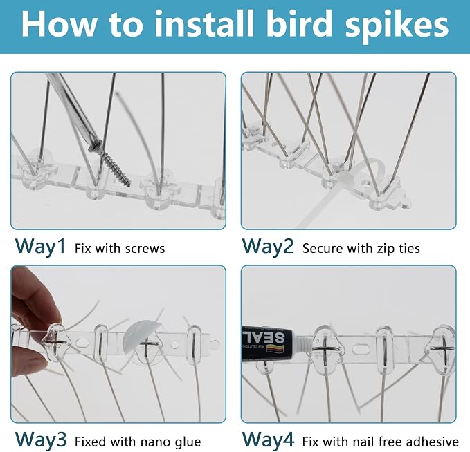 Bird Spikes 16.4FT, 304 Stainless Steel Pigeon Spikes with Plastic Base for Gardens Outdoor, Keep Seagull Pigeon Away Birds Scarer Devices 20PACK