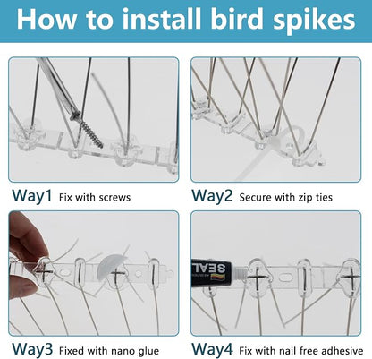 Bird Spikes 16.4FT, 304 Stainless Steel Pigeon Spikes with Plastic Base for Gardens Outdoor, Keep Seagull Pigeon Away Birds Scarer Devices 20PACK