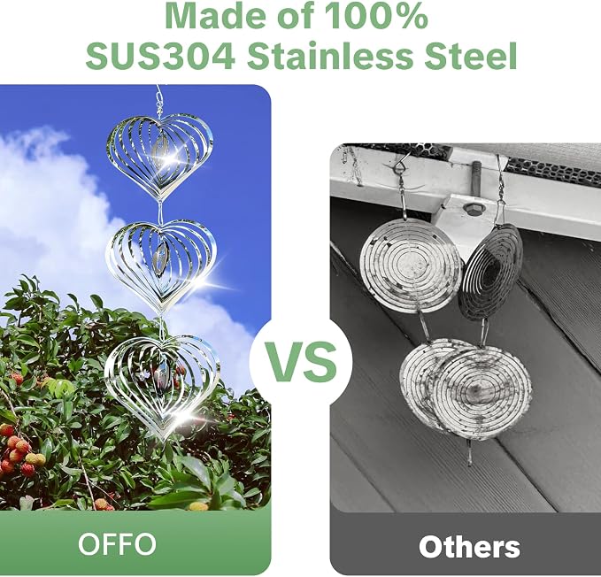 OFFO 304 Stainless Steel Bird Reflectors, Double-Sided Reflective 3D Heart Bird Scare Devices, Outdoor Garden Decor for Patio Yard Porch Pool Window, 9 PCS