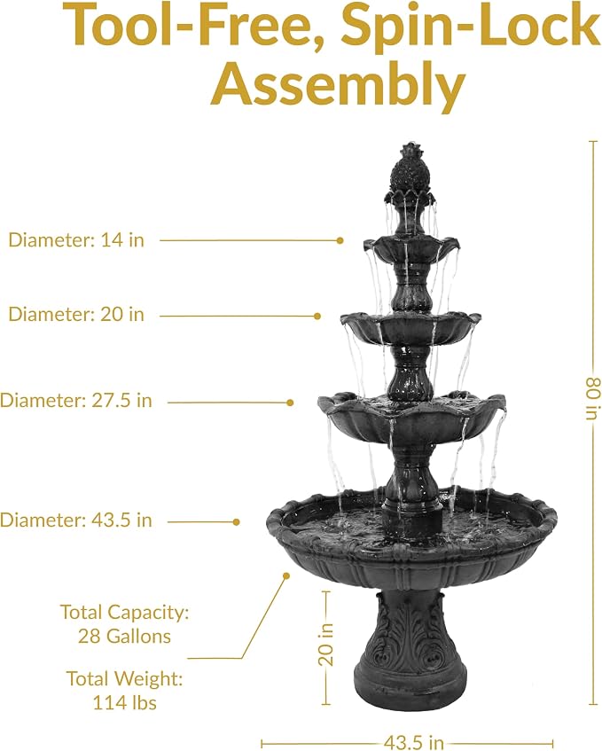 Sunnydaze Grand Courtyard 4-Tier Large Outdoor Water Fountain - 80" Tall Outdoor Fountain - Tiered Electric Garden Water Feature for Patio, Backyard, or Yard - Faux Stone Resin - Black
