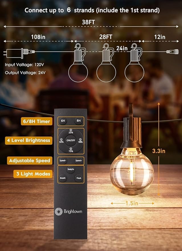 Brightown String Lights Outdoor 38Ft(28+10) with Remote Hooks and Clips, Patio String Lights for Outside with 17 Shatterproof Bulbs(2 Spare), Waterproof Dimmable Hanging Lights for Backyard Party Cafe