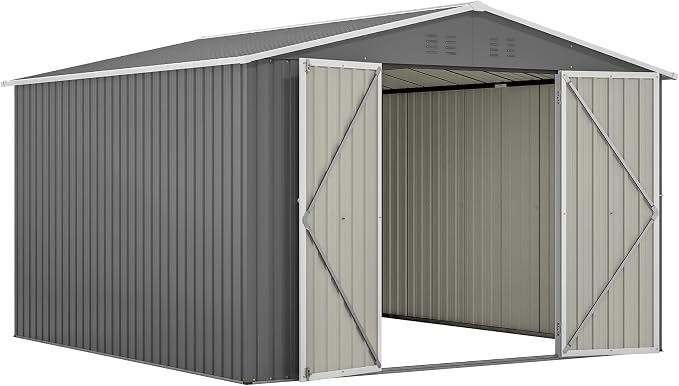 YOPTO 10x10 FT Outdoor Storage Shed,Large Metal Tool Sheds with Updated Frame Structure and Lockable Doors, Garden Shed for Backyard Patio Lawn,Grey